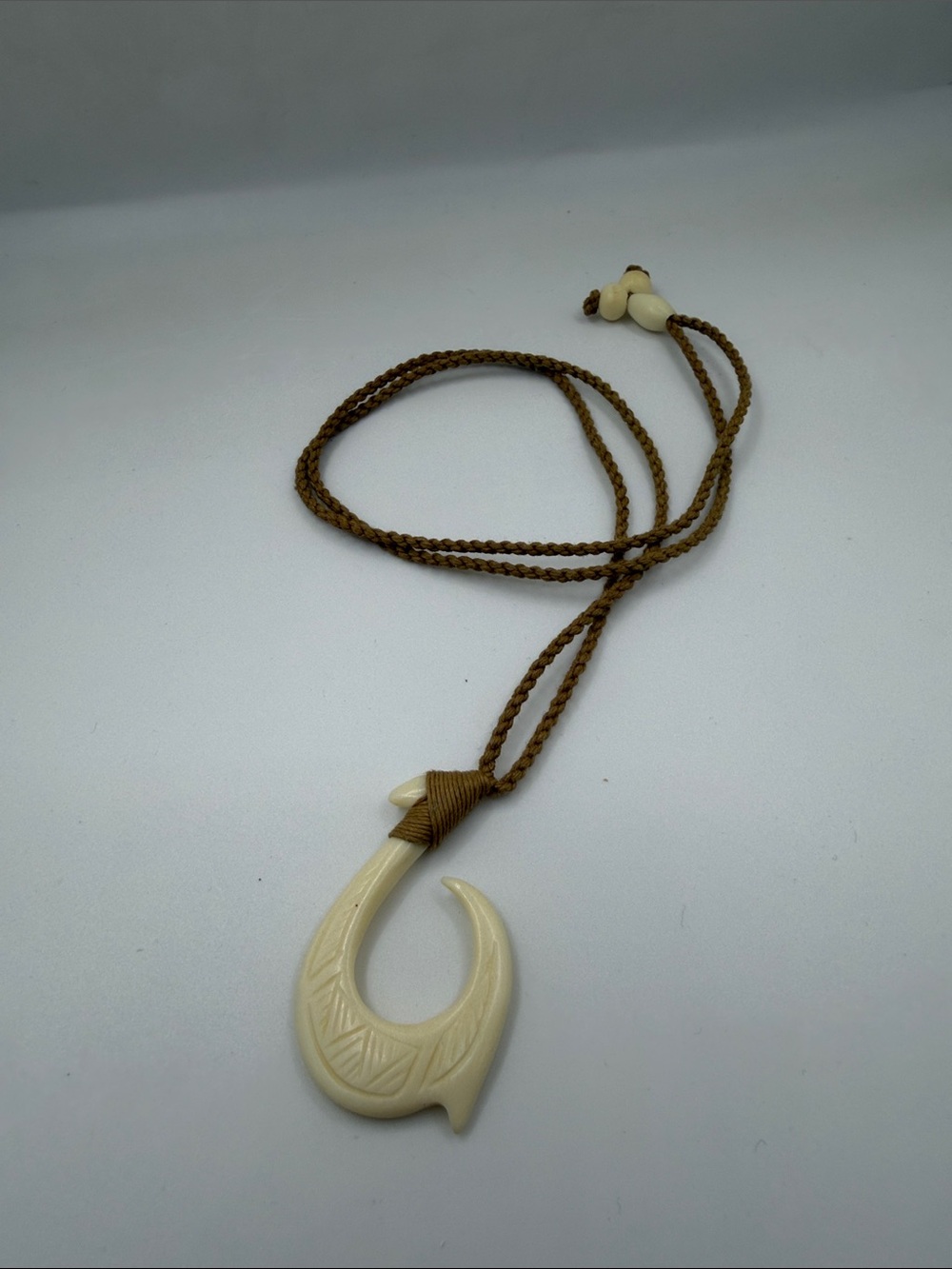 Source Unknown Cream Fish Hook Necklace with Brown Cord